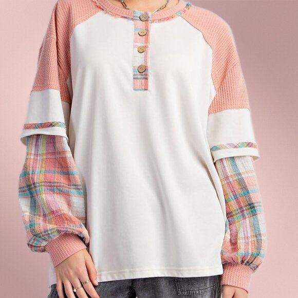 EASEL "Alabama Top - Talladega" Loose Fit Henley Layered Look Mineral Washed Top - Picture 10 of 14